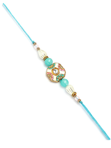 Karatcart Gold Plated Blue Beads Enamel Floral Kundan Bhiya Bhabhi Rakhi with Roli & Chawal