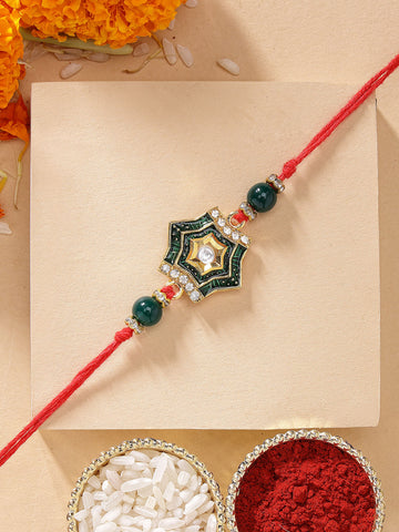KARATCART Vibrant Green Meena Handmade Star Shape Kundan Rakhi for Brother with Roli & Chawal