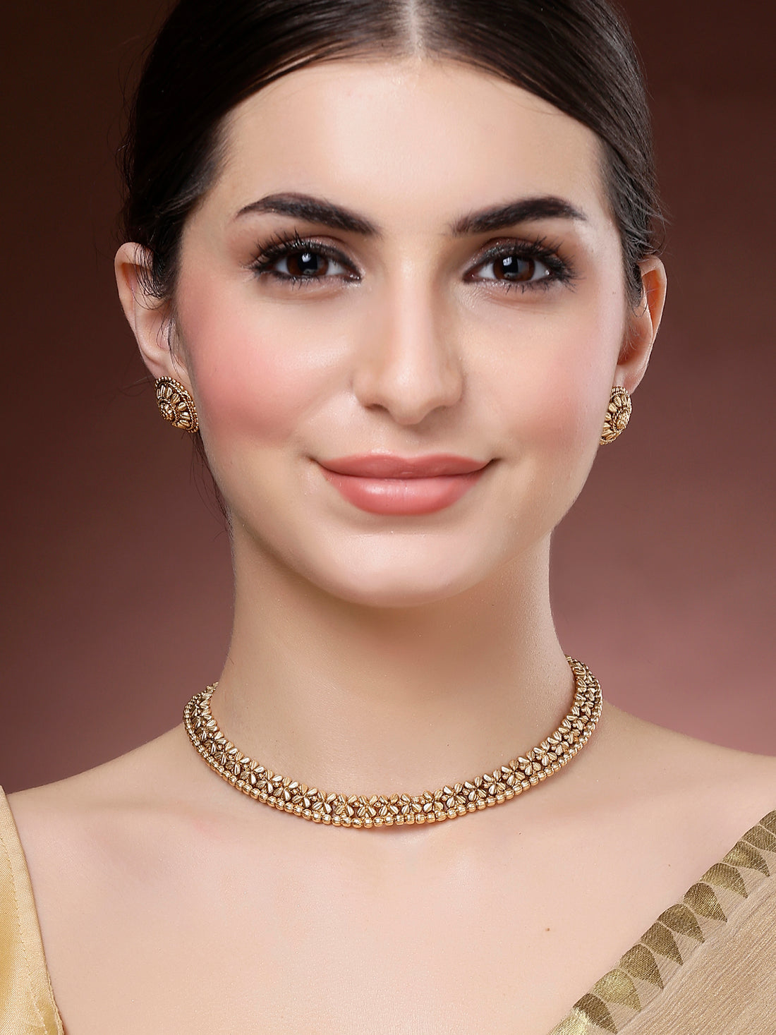 Karatcart Gold Plated Floral Design Engraved Temple Jewellery Set for Women