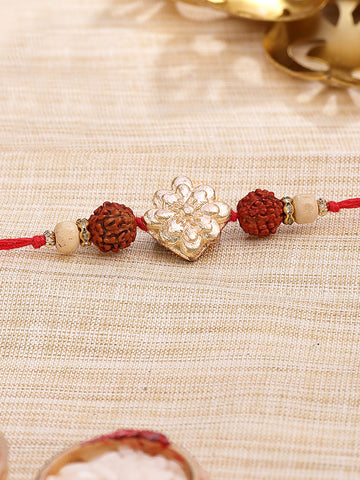 KARATCART Gold Plated Floral Kundan Rudraksha Studded Bhaiya Rakhi with Roli & Chawal