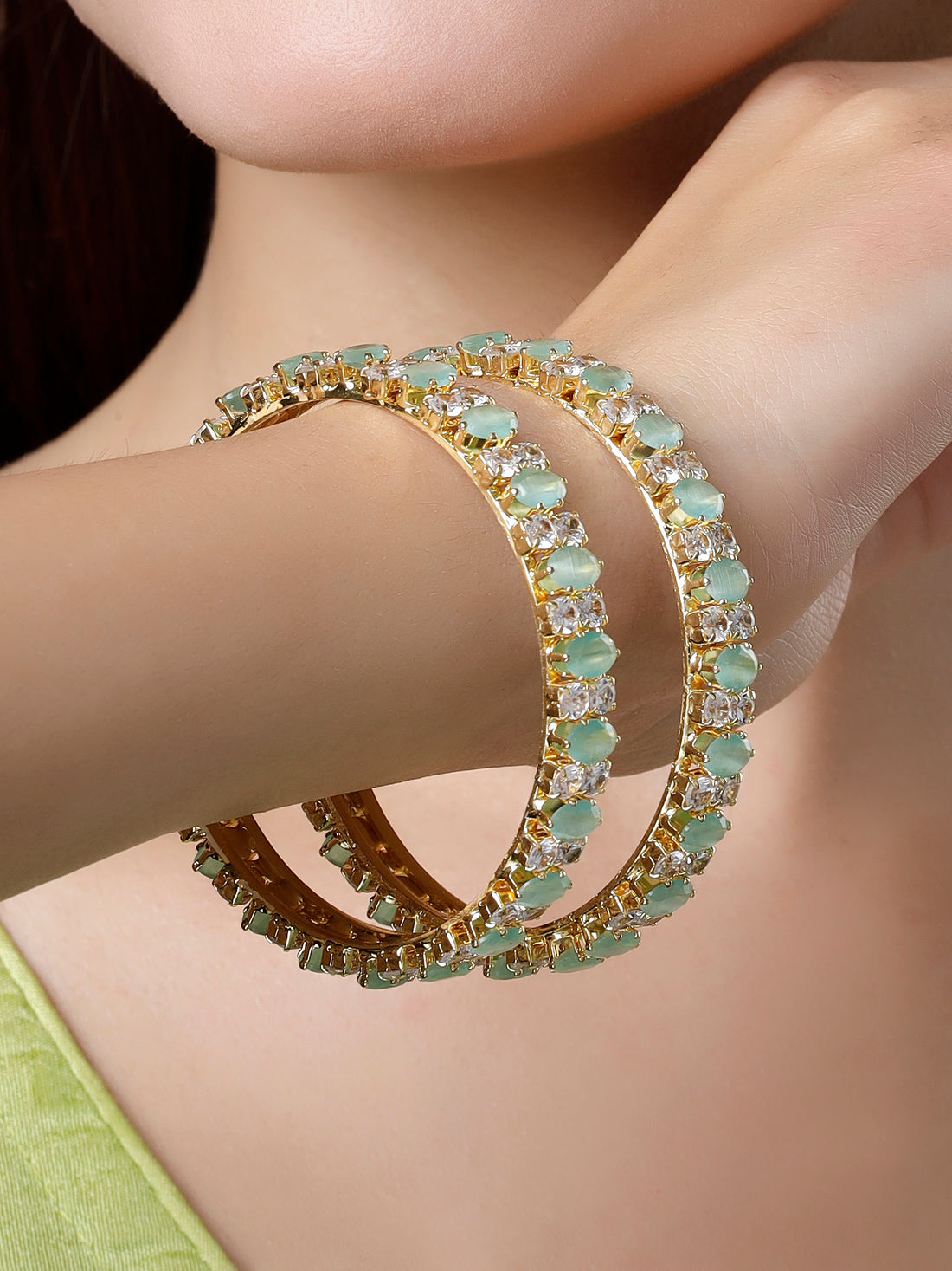 Karatcart Set of 2 Lime Green CZ Studded Gold Plated Bangles for Women