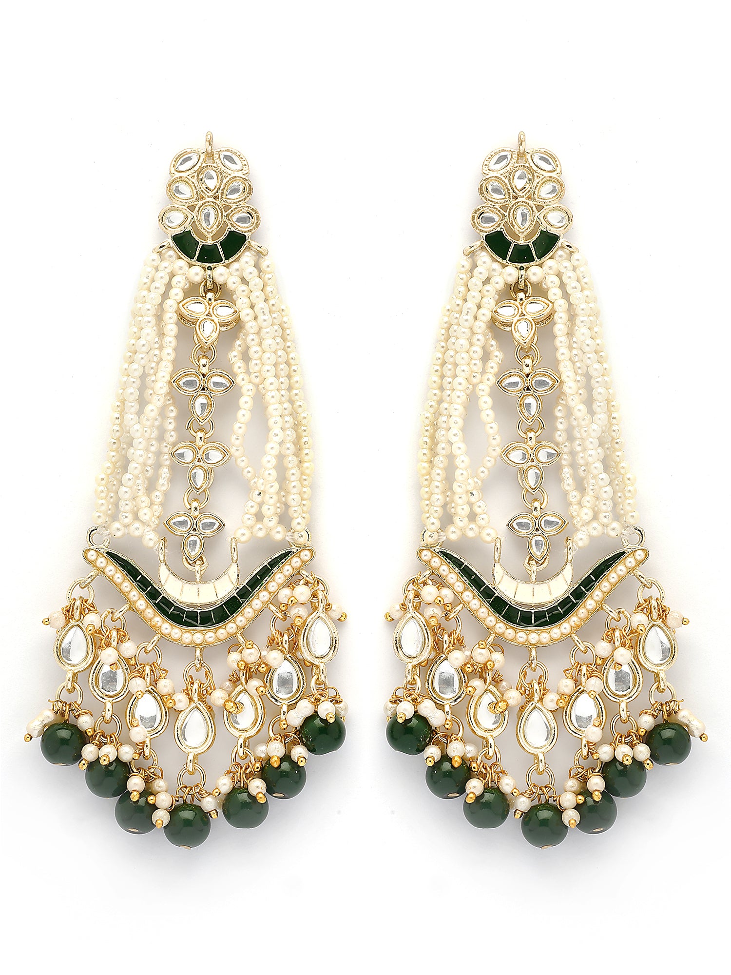 Karatcart Designer Green Beads and Pearl Gold-Plated Long Kundan Dangler Earrings for Women - view 4