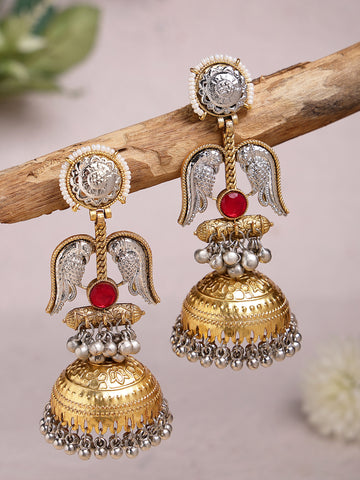 Karatcart Ethnic Gold-Plated Dual-Tone Jhumka Earrings with Silver Bird Motifs & Red Stone