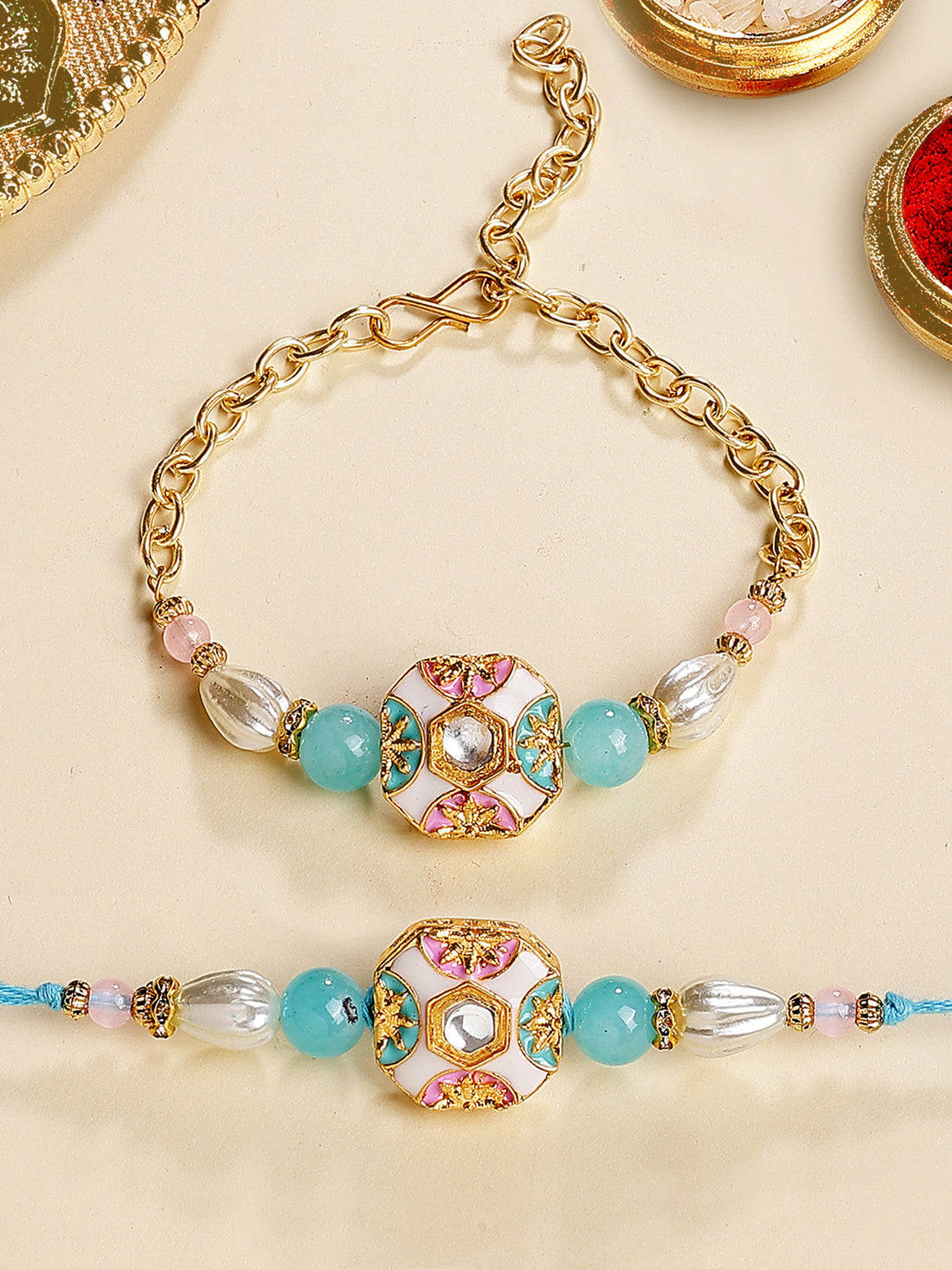 Karatcart Gold Plated Blue Beads Enamel Floral Kundan Bhiya Bhabhi Rakhi with Roli & Chawal
