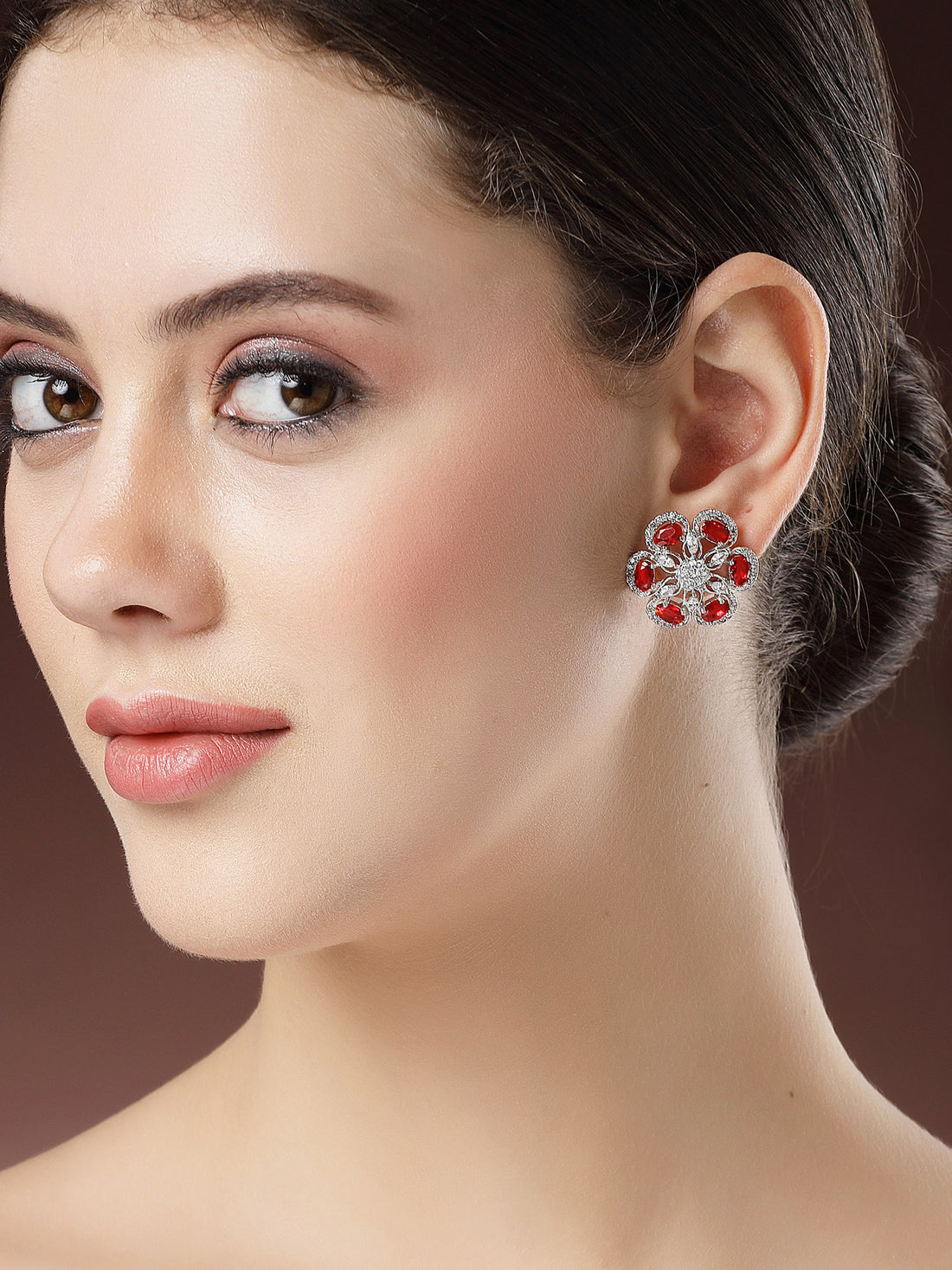 Karatcart Elegant Floral Design Red American Diamond Stud Earrings for Women