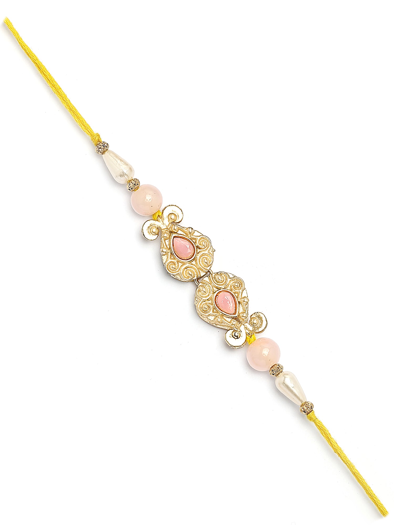 Karatcart Gold Plated Pink Beads Kundan Bhiya Rakhi with Roli & Chawal