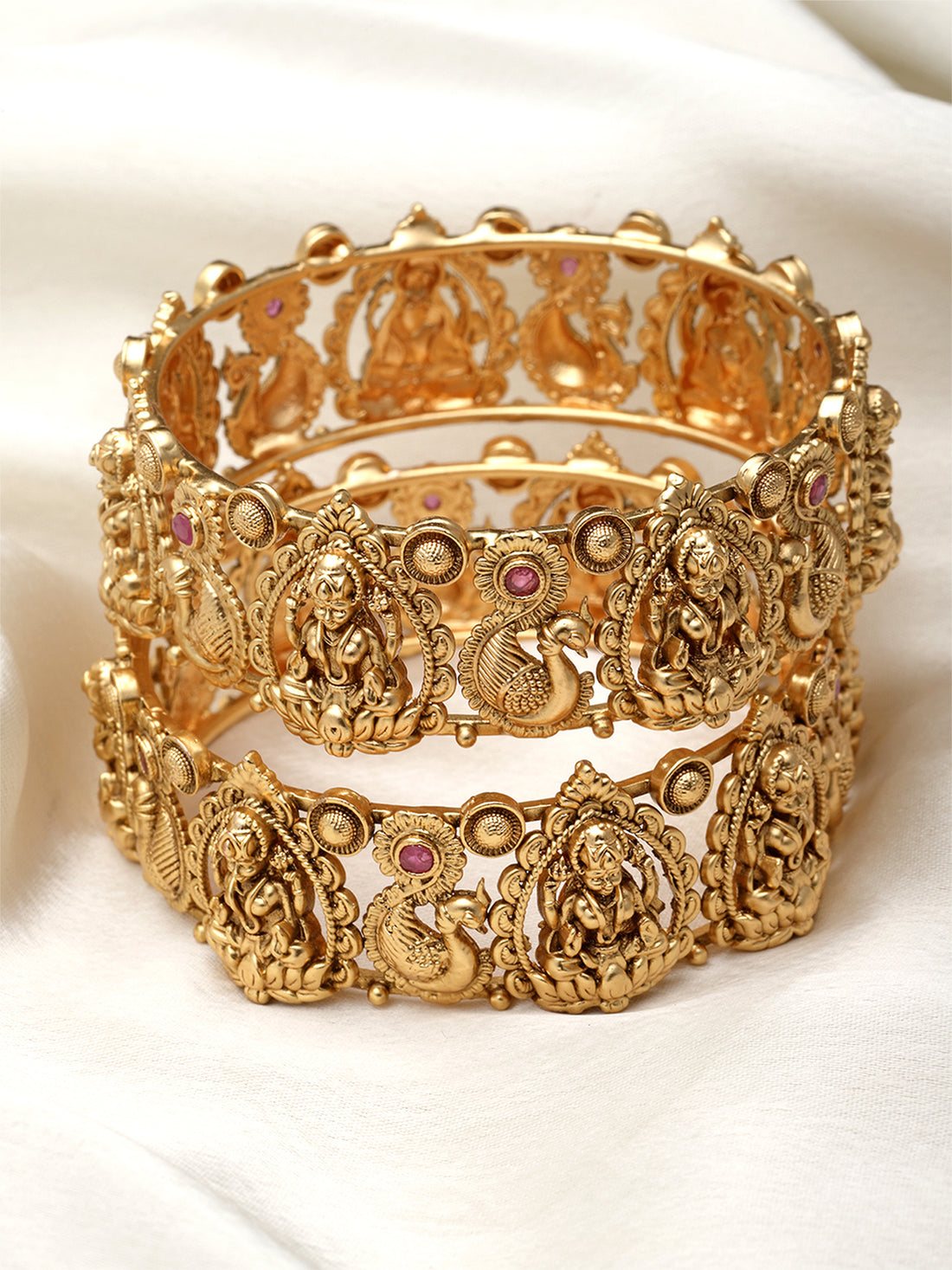 Karatcart Gold Plated Set of 2 Laxmi Mata and Peacock Design Bangles for Women
