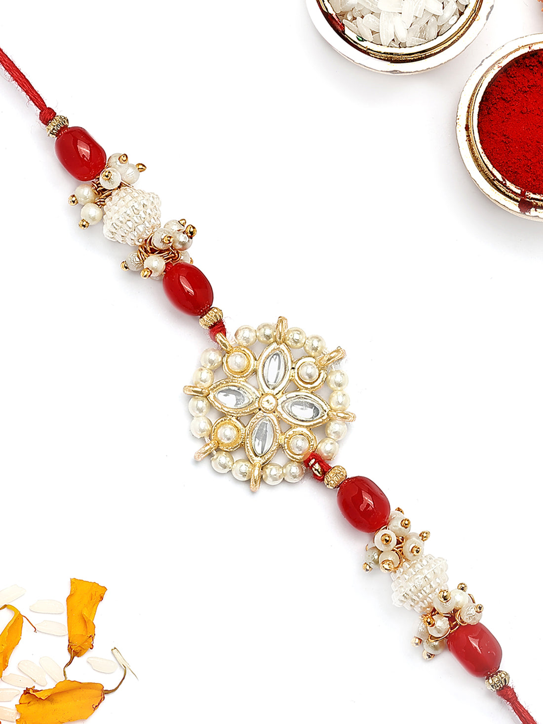 KARATCART Gold Plated Red Beads Kundan Bhaiya Rakhi with Roli & Chawal