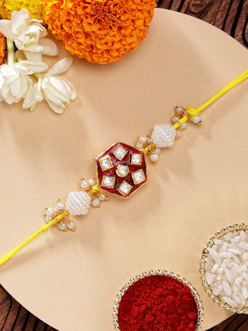 KARATCART Elegant Red Meenakari Handmade Kundan Rakhi for Brother with Roli Chawal