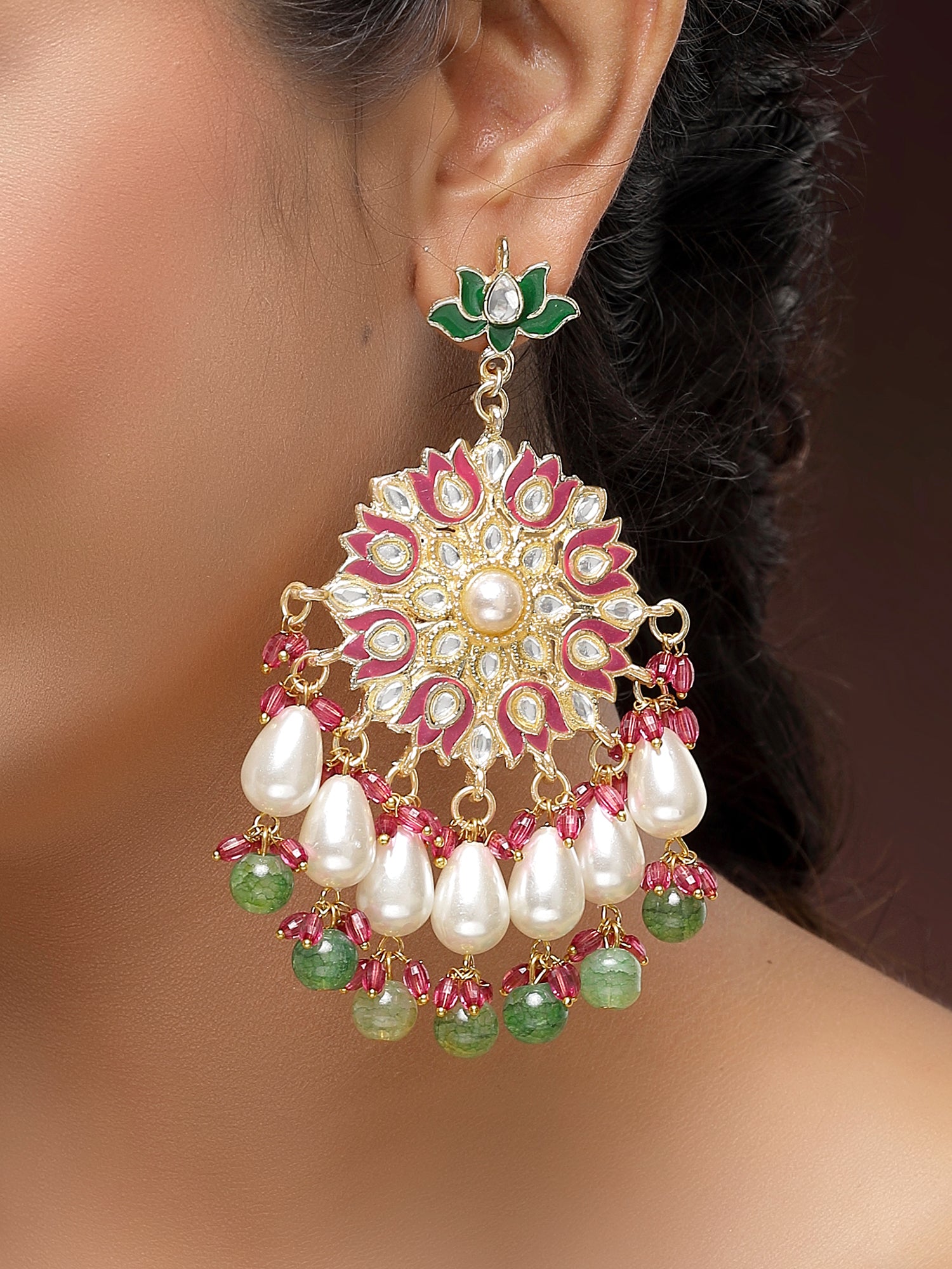 KARATCART Gold-Plated Floral Pink Meena Green Beads Kundan Dangler Earrings for Women - Image 1