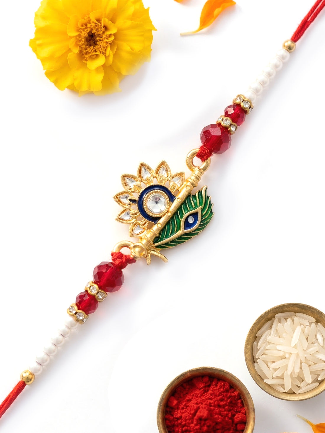 KARATCART Gold Plated Peacock Feather Floral Enamel Bhaiya Rakhi with Roli & Chawal