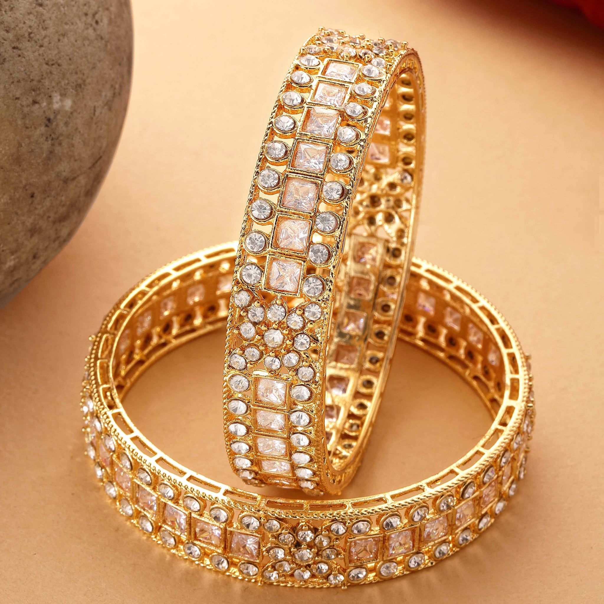 Karatcart Set of 2 Floral Design American Diamond Studded Gold Plated Bangles for Women