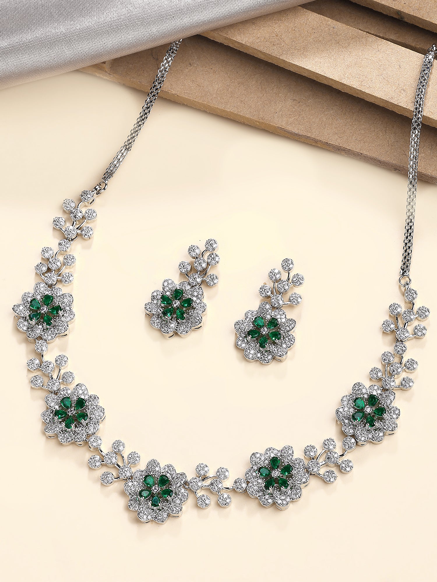 KARATCART Designer Silver-Plated Floral Green American Diamond Jewellery Set for Women - Image 1