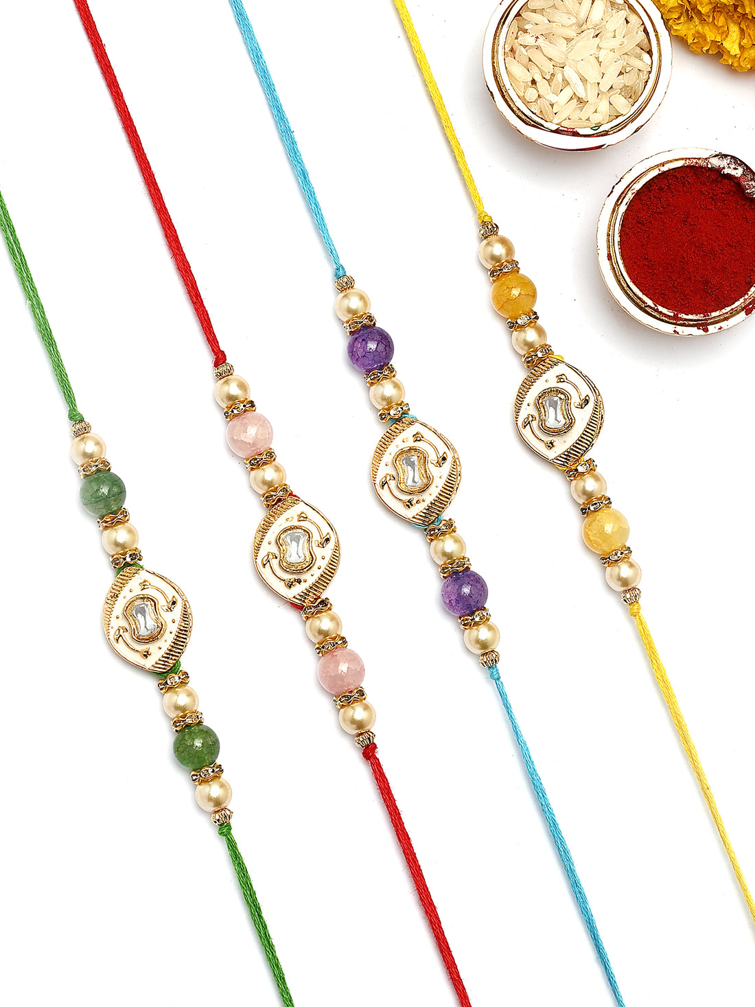 KARATCART Set of 4 Multicolor Pastel Beads Enamel Rakhi for Brother with Roli & Chawal