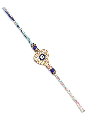 Karatcart Gold Plated Blue American Diamond Heart Shape Evil Eye Bhiya Rakhi with Roli & Chawal