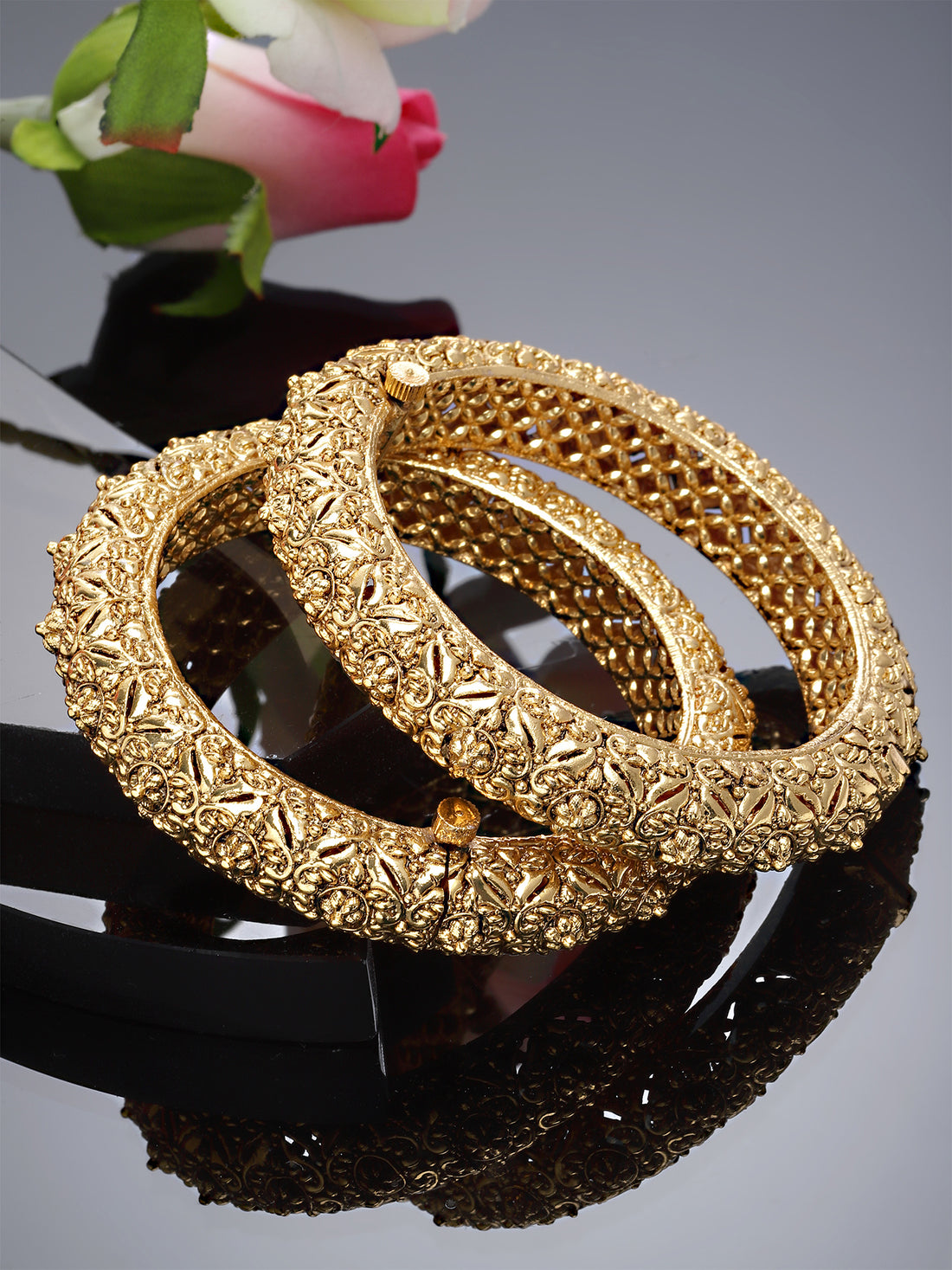 Karatcart Set of 2 Antique Floral Rajwadi Gold Plated Temple Bangles for Women