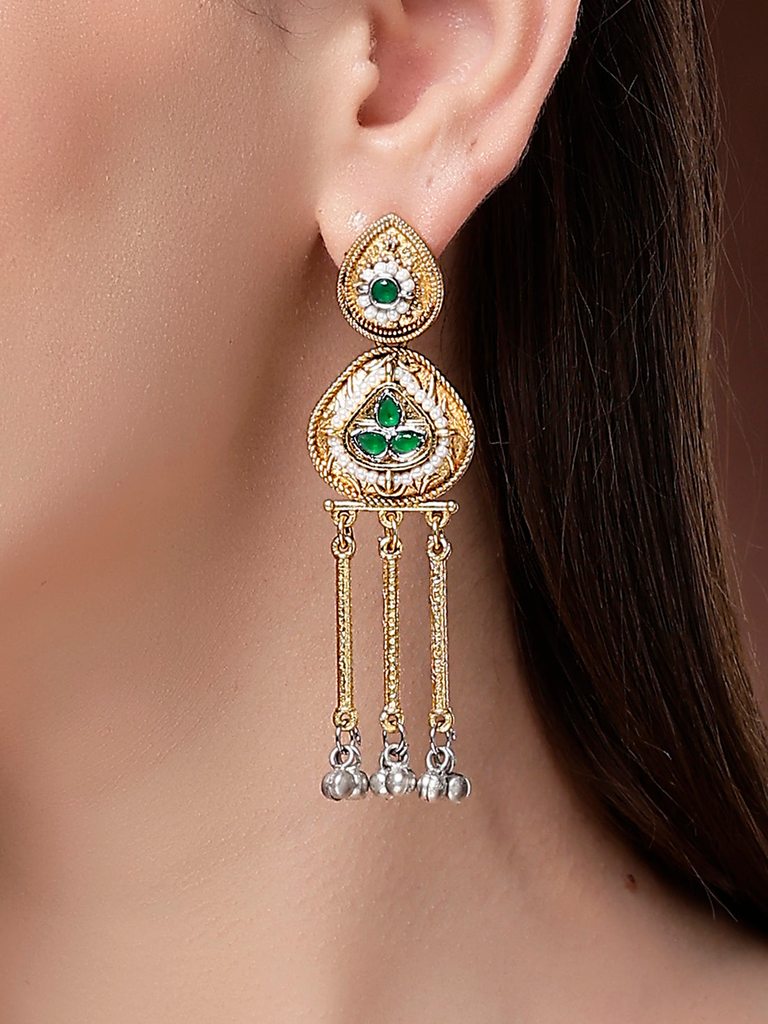 Karatcart Traditional Green Stone Gold Plated Silver Tassels Drop Earrings for Women