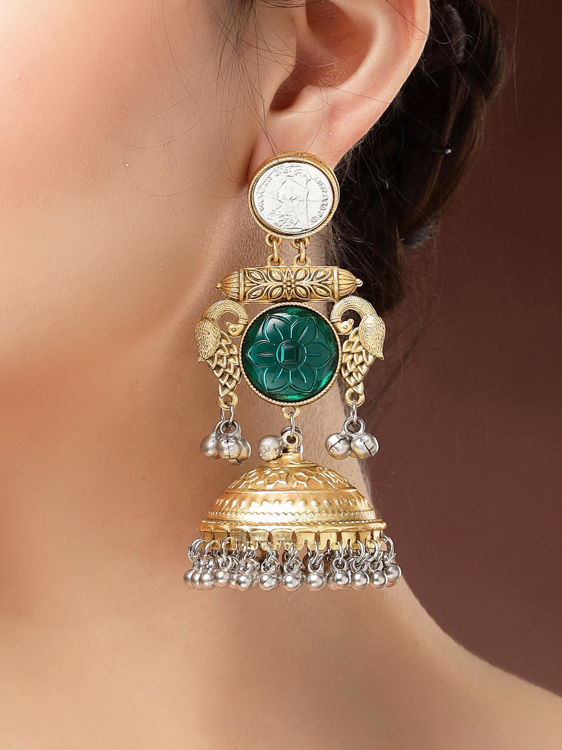 Karatcart Traditional Gold Plated Coin Jhumka Earrings with Green Stone and Bird Motif for Women