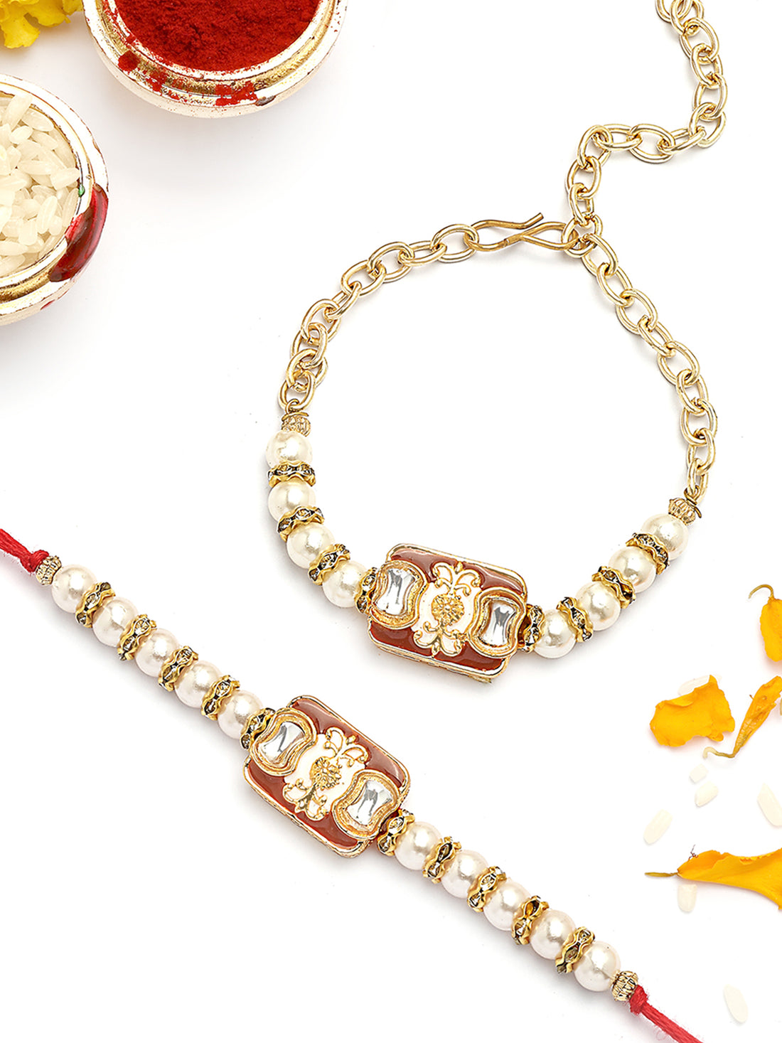 KARATCART Gold Plated Brown Enamel and Pearl Kundan Bhaiya Bhabhi Rakhi with Roli & Chawal
