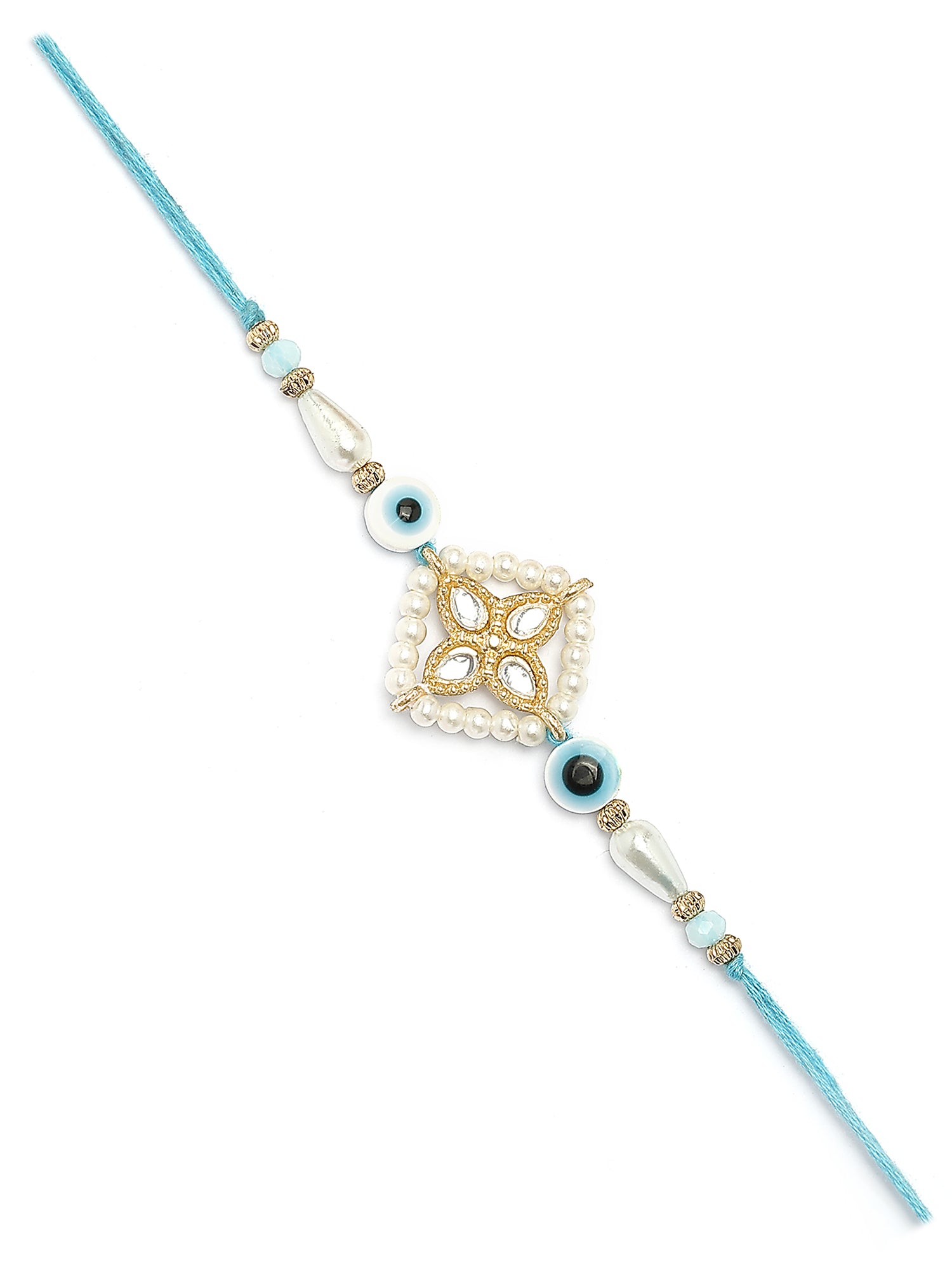 Karatcart Blue Evil Eye and Pearl Kundan Rakhi for Brother with Roli & Chawal