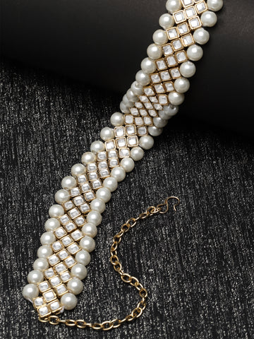 Karatcart Gold Plated Pearl and Square Kundan Hairband for Women