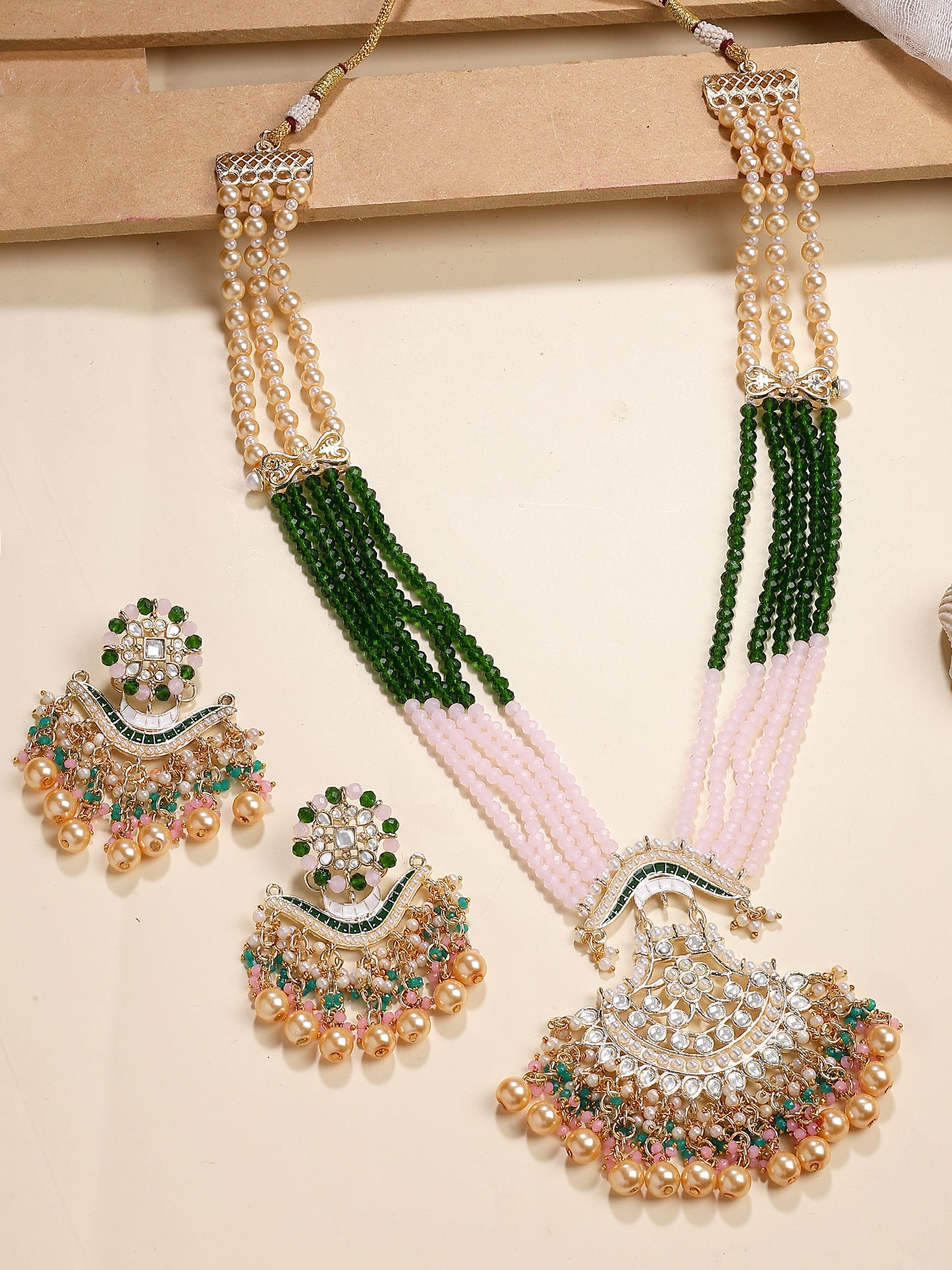 Karatcart Green and Pink Crystal Rani Haar Neckalce Set for Women