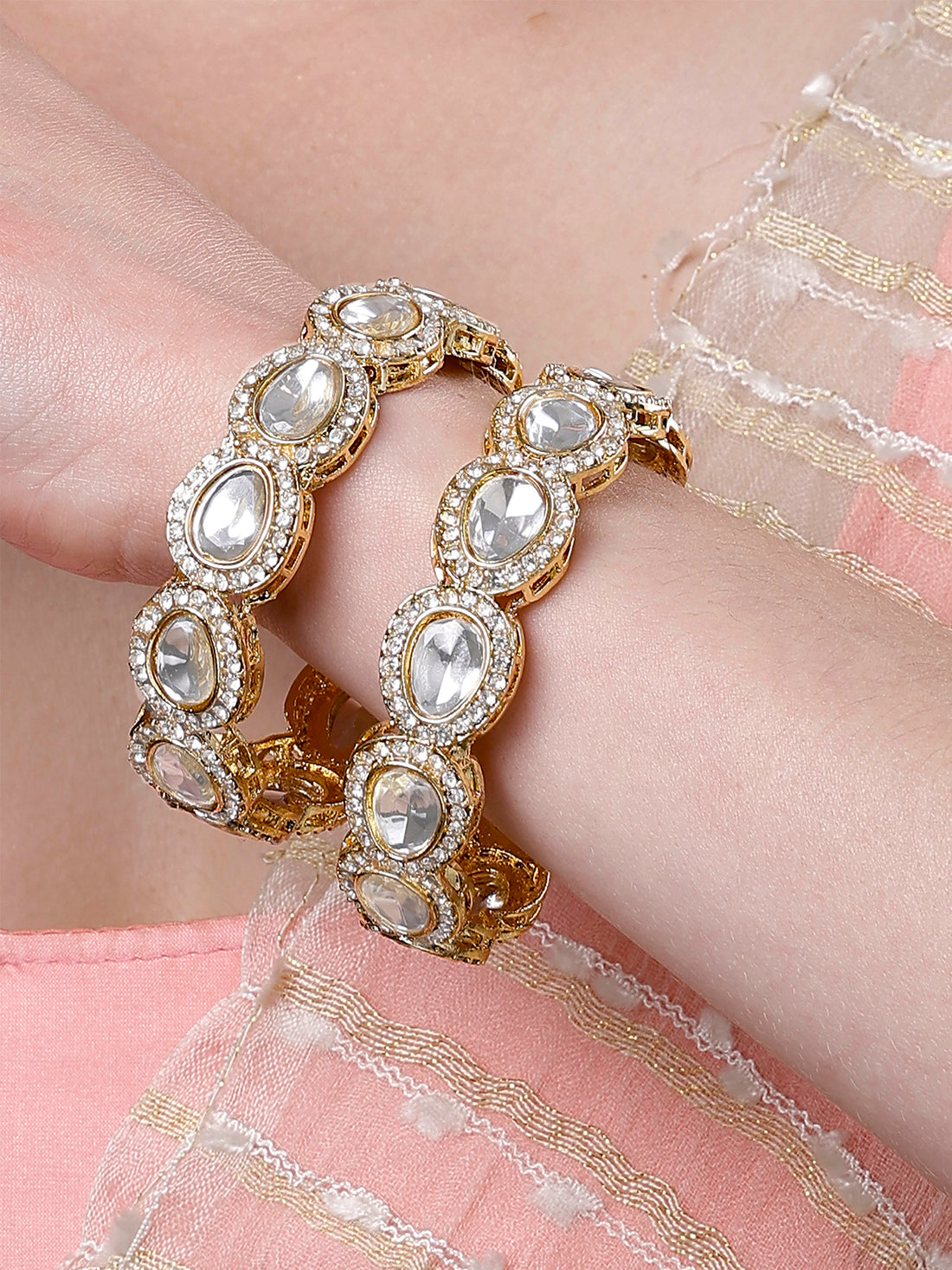 Karatcart Gold Plated Set of 2 American Diamond Studded Bangles for Women