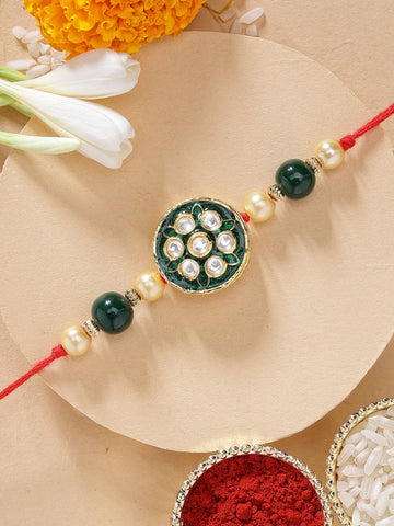 KARATCART Elegant Green Meena Floral Design Handmade Kundan Rakhi for Brother with Roli & Chawal