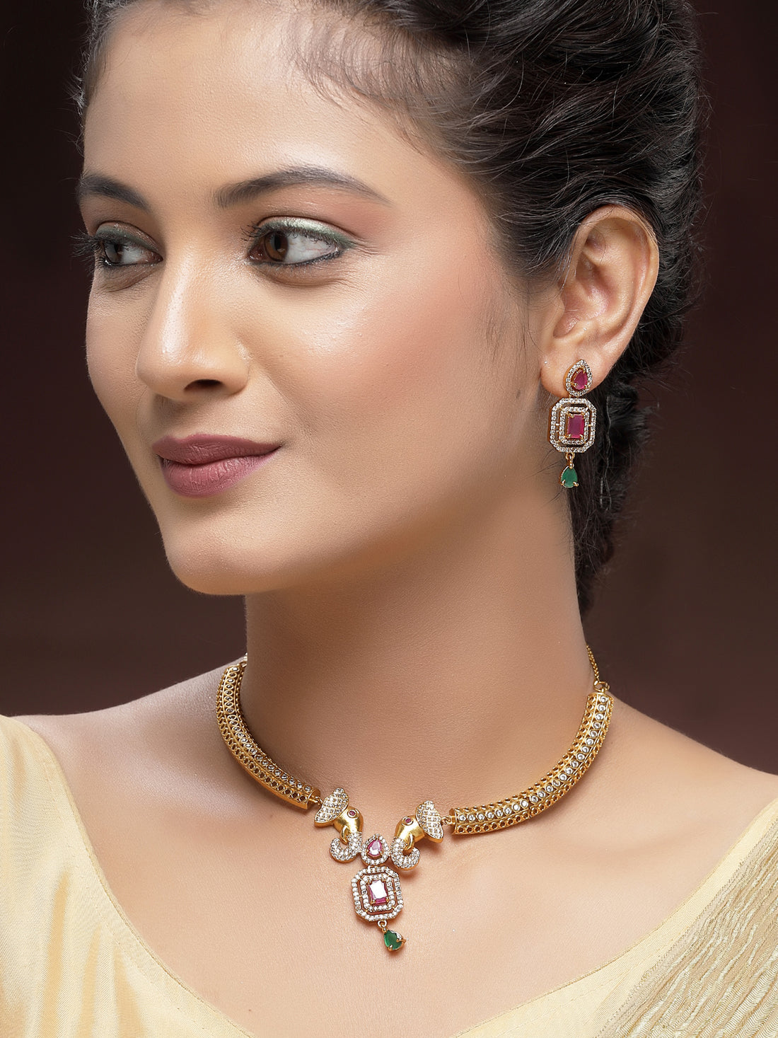 KARATCART Royal Gold-Plated Elephant Motif American Diamond Temple Jewellery Set for Women