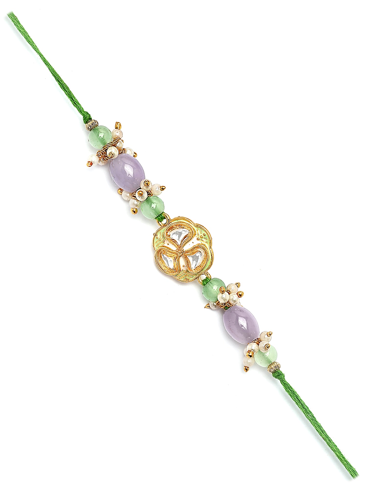 Karatcart Gold Plated Purple and Green Beads Kundan Bhiya Rakhi with Roli & Chawal