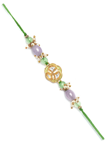 Karatcart Gold Plated Purple and Green Beads Kundan Bhiya Rakhi with Roli & Chawal