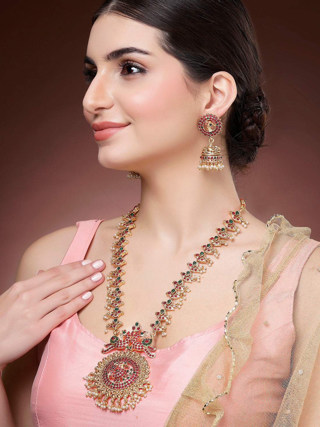 Karatcart Traditional South Indian Style Peacock Temple Necklace Set Red and Green Detailing