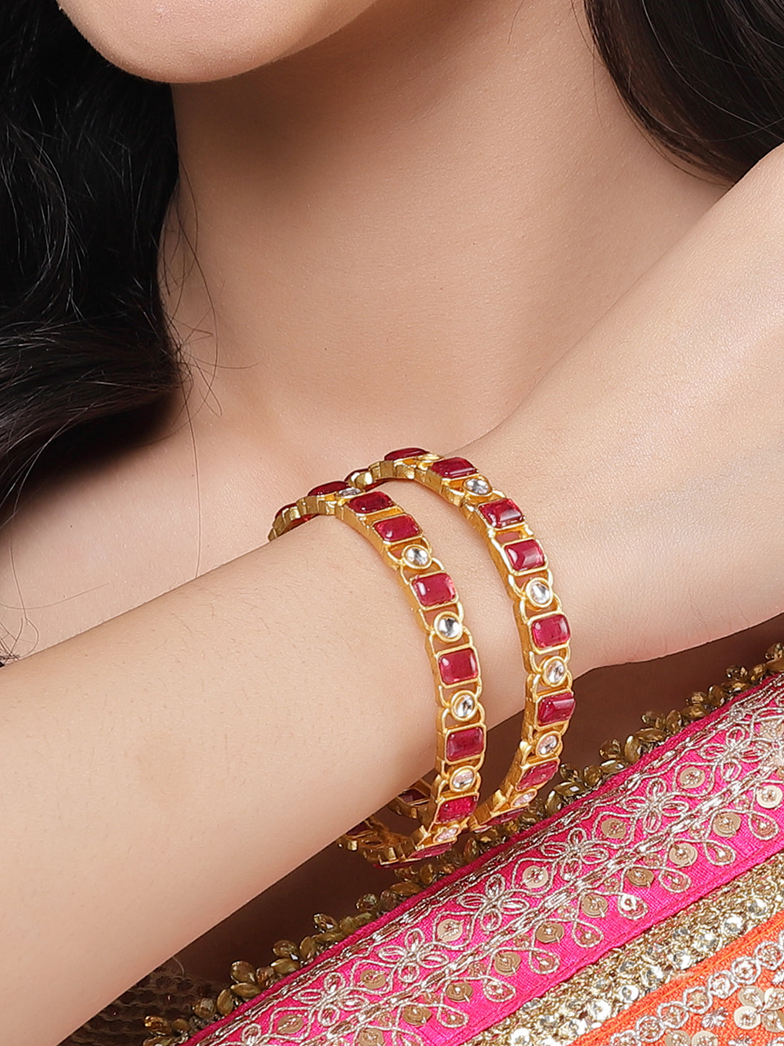 Karatcart Gold Plated Red Stone Bangles Set for Women
