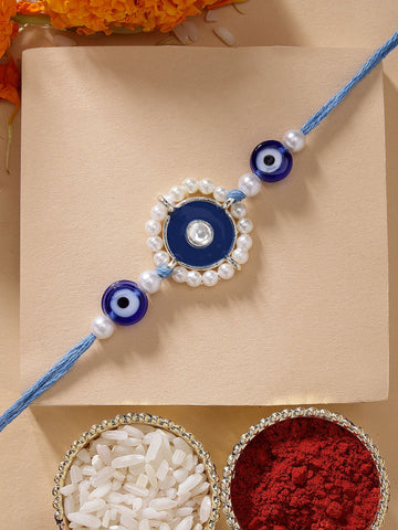KARATCART Blue Meena Evil Eye Design Handmade Kundan Rakhi for Brother with Roli & Chawal