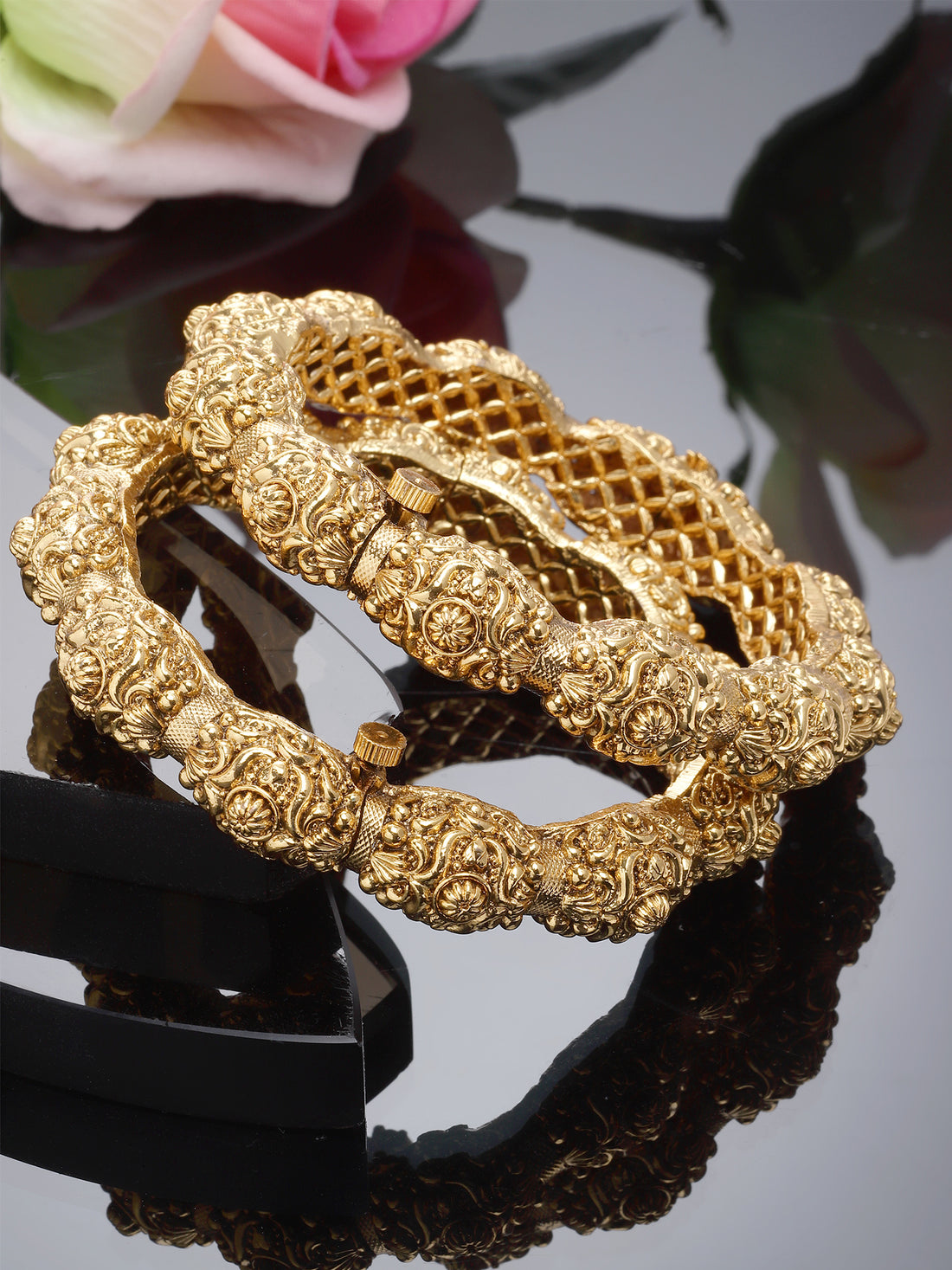 Karatcart Set of 2 Rajwadi Antique Gold Plated Temple Bangles for Women