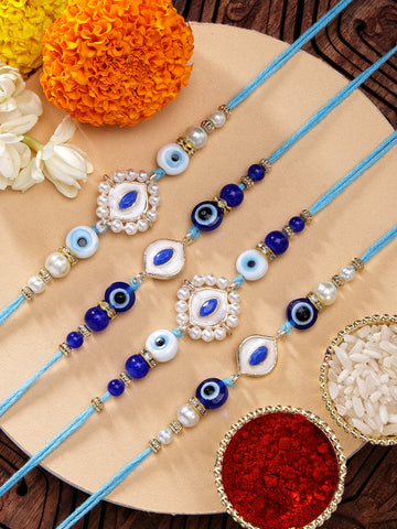 KARATCART Set of 4 Meenakari Handmade Evil Eye Kundan Rakhis for Brother with Roli and Chawal