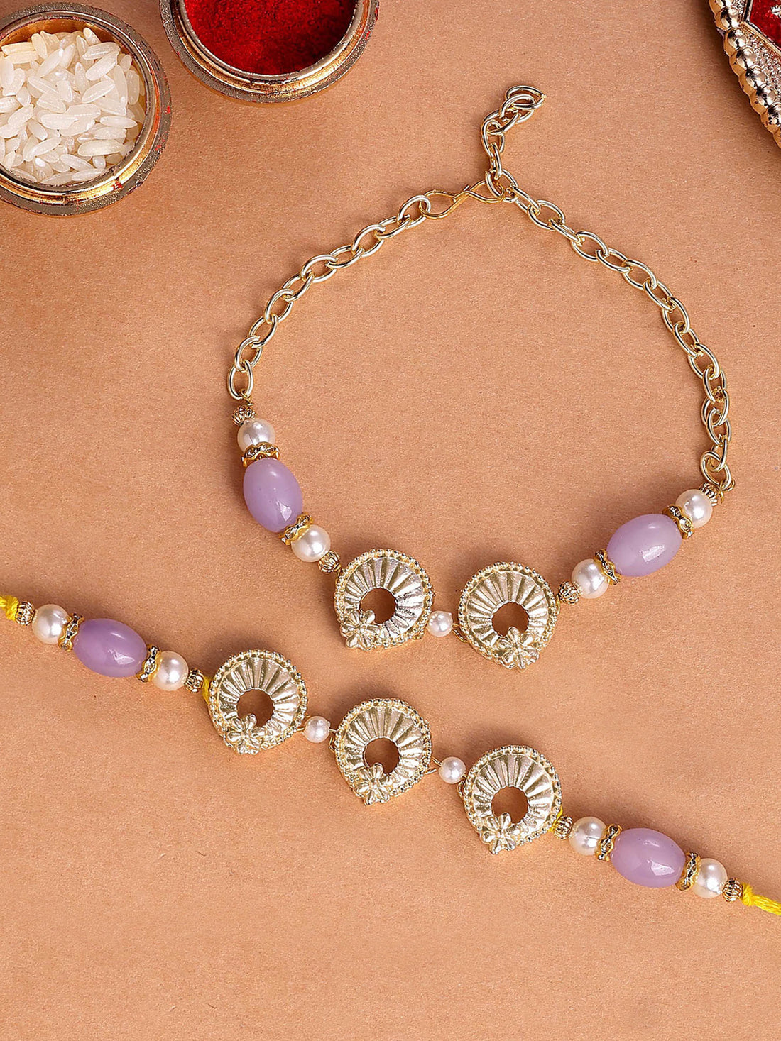 Karatcart Gold Plated Purple Beads Kundan Bhiya Bhabhi Rakhi with Roli & Chawal