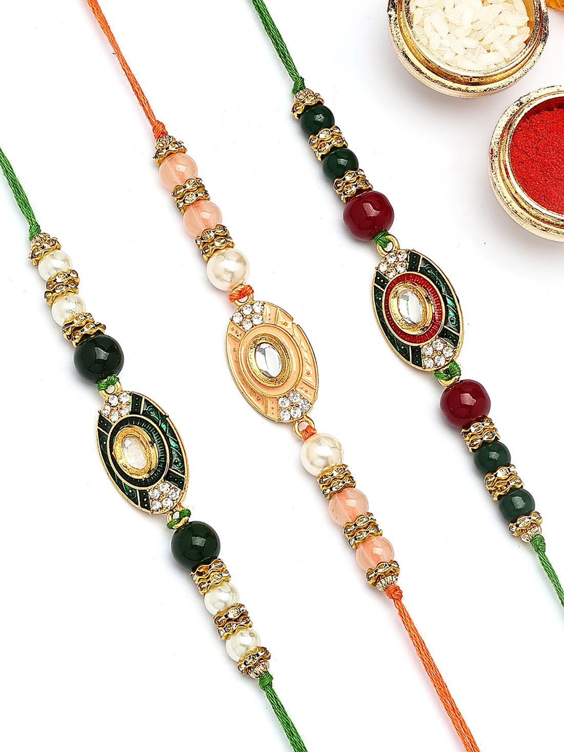 KARATCART Set of 3 Green and Pink Enamel Floral Design Rakhi for Brother with Roli & Chawal