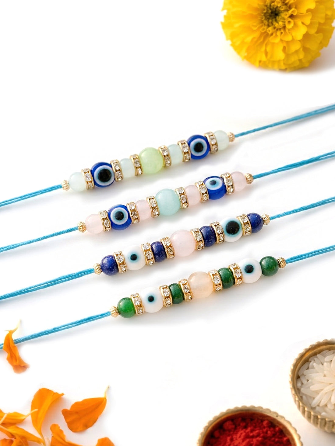 KARATCART Set of 4 Evil Eye Beaded Designer Rakhi for Brother with Roli & Chawal
