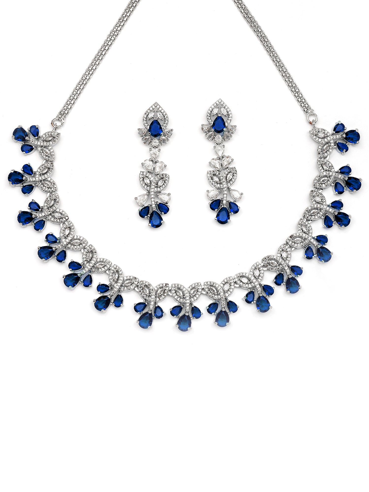 Karatcart Sparkling Blue Floral American Diamond Silver Plated Necklace Set for Women - view 4