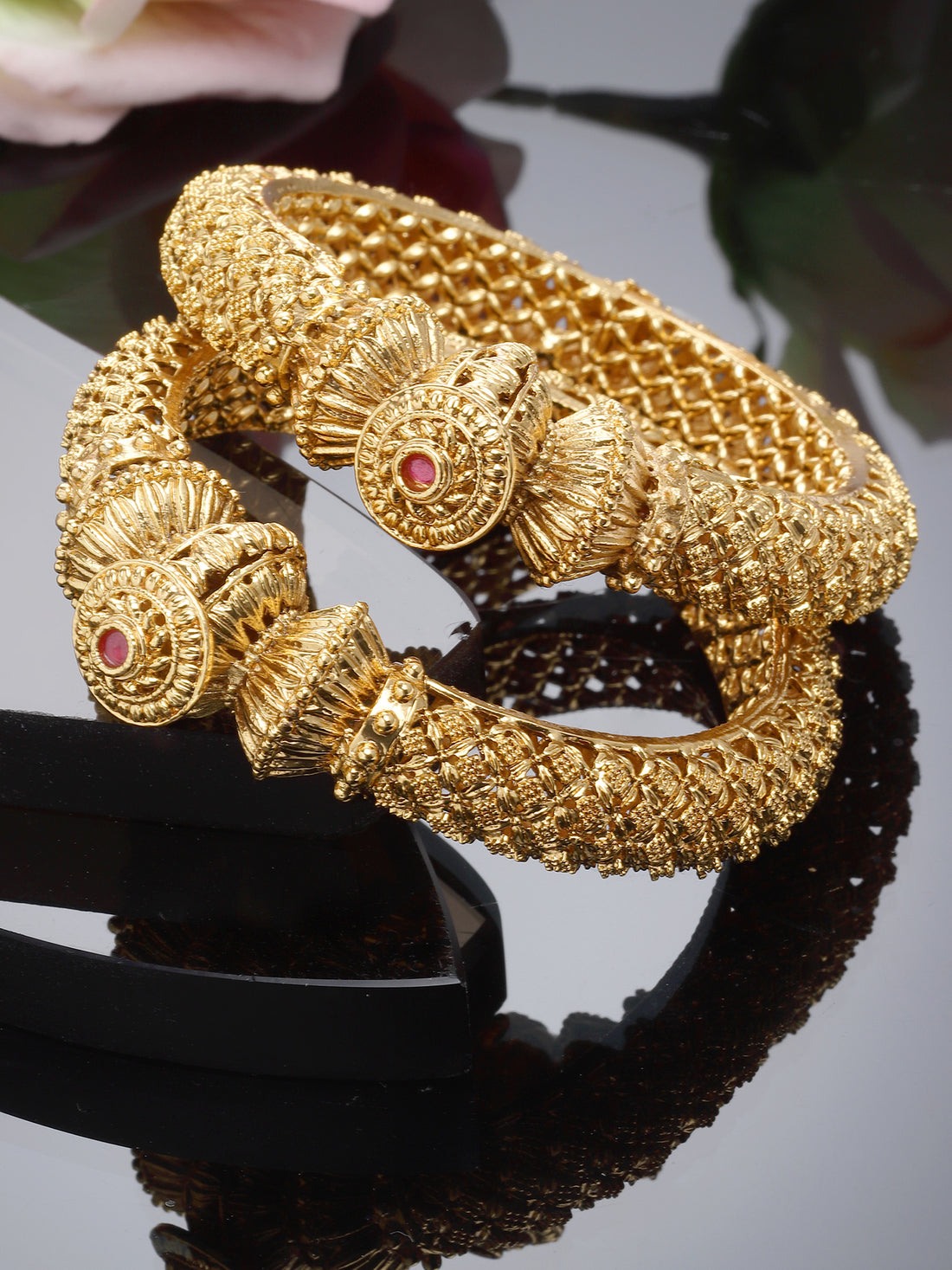 Karatcart Floral Rajwadi Set of 2 Antique Gold Plated Temple Bangles for Women