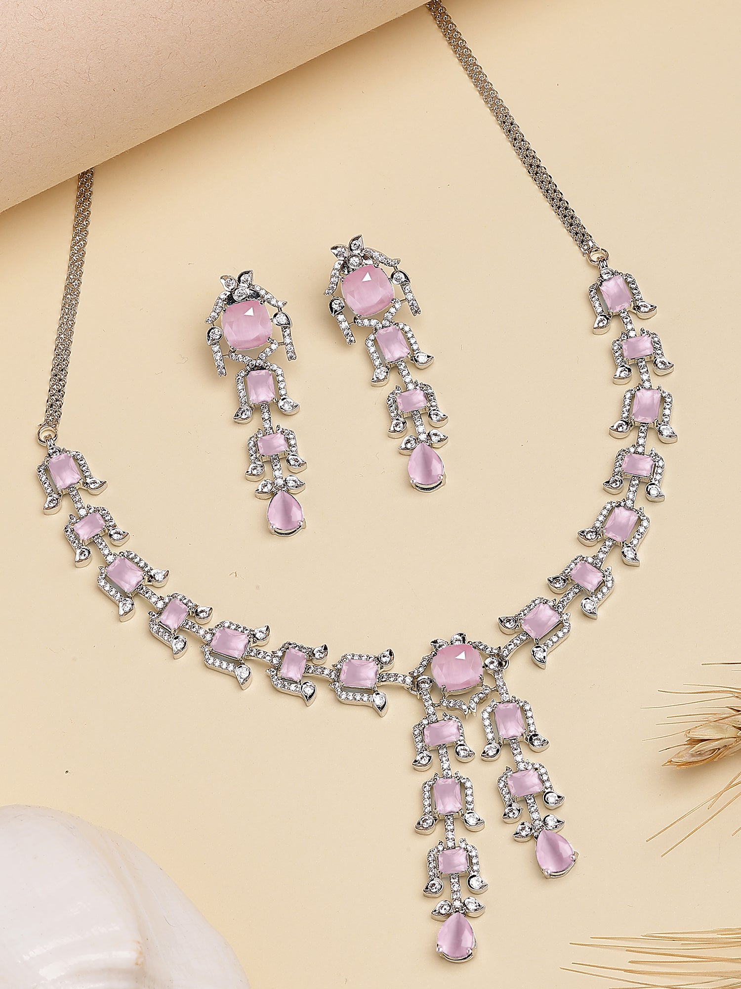 Karatcart Pink Traditional American Diamond Necklace Set for Women - Image 1