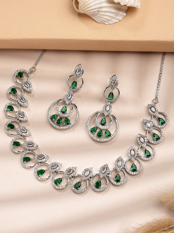 Karatcart Elegant Green American Diamond Silver Plated Necklace Set for Women