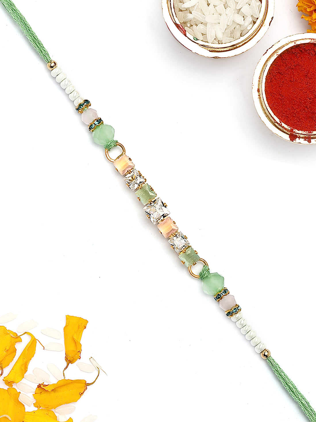 KARATCART Lime Green and Peach Rhinestones Bhaiya Rakhi with Roli & Chawal