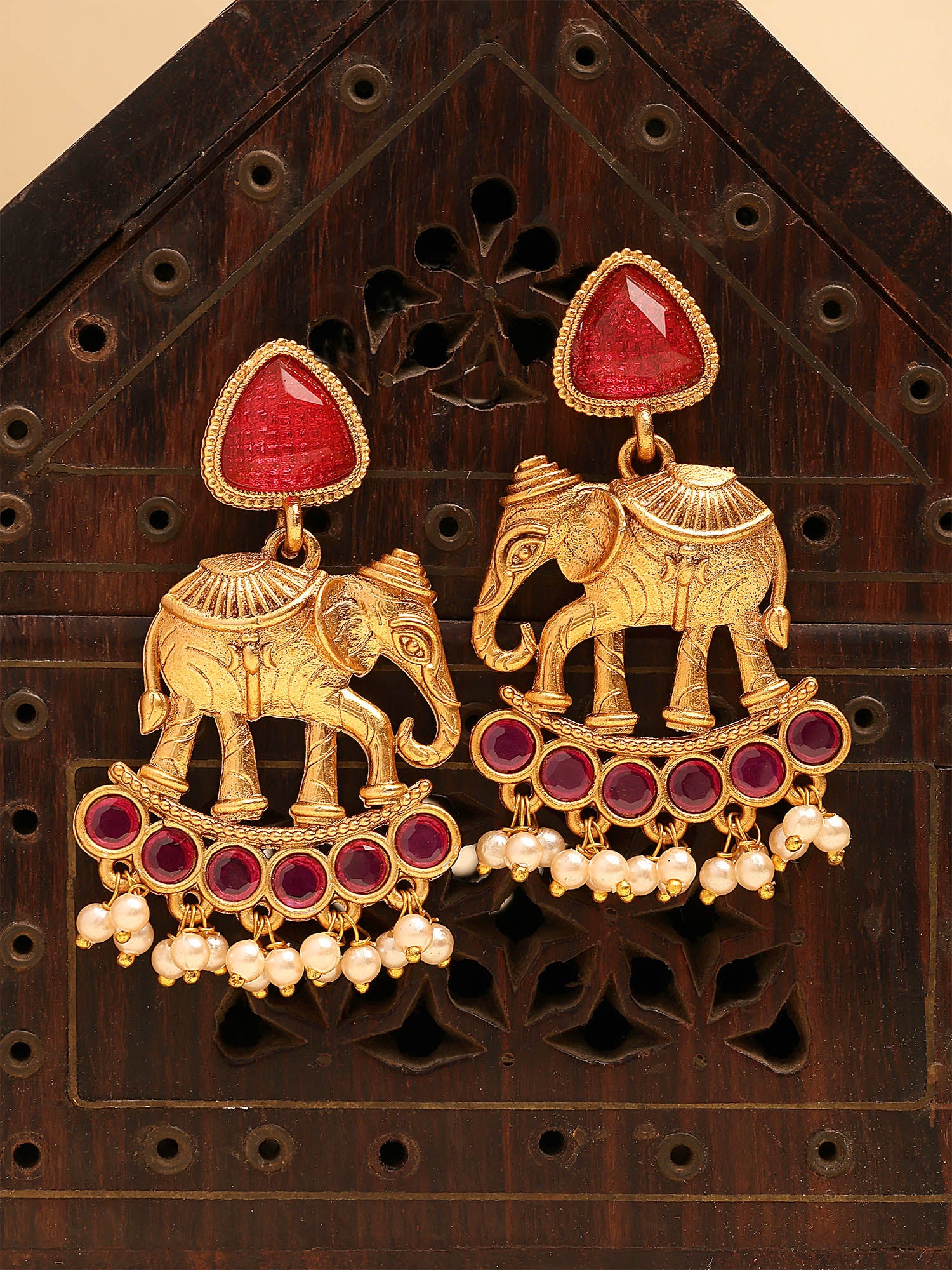 Karatcart Antique Gold Plated Red Elephant Tribal Drop Earrings for Women