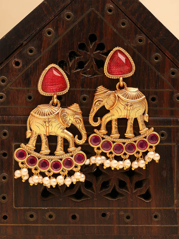 Karatcart Antique Gold Plated Red Elephant Tribal Drop Earrings for Women