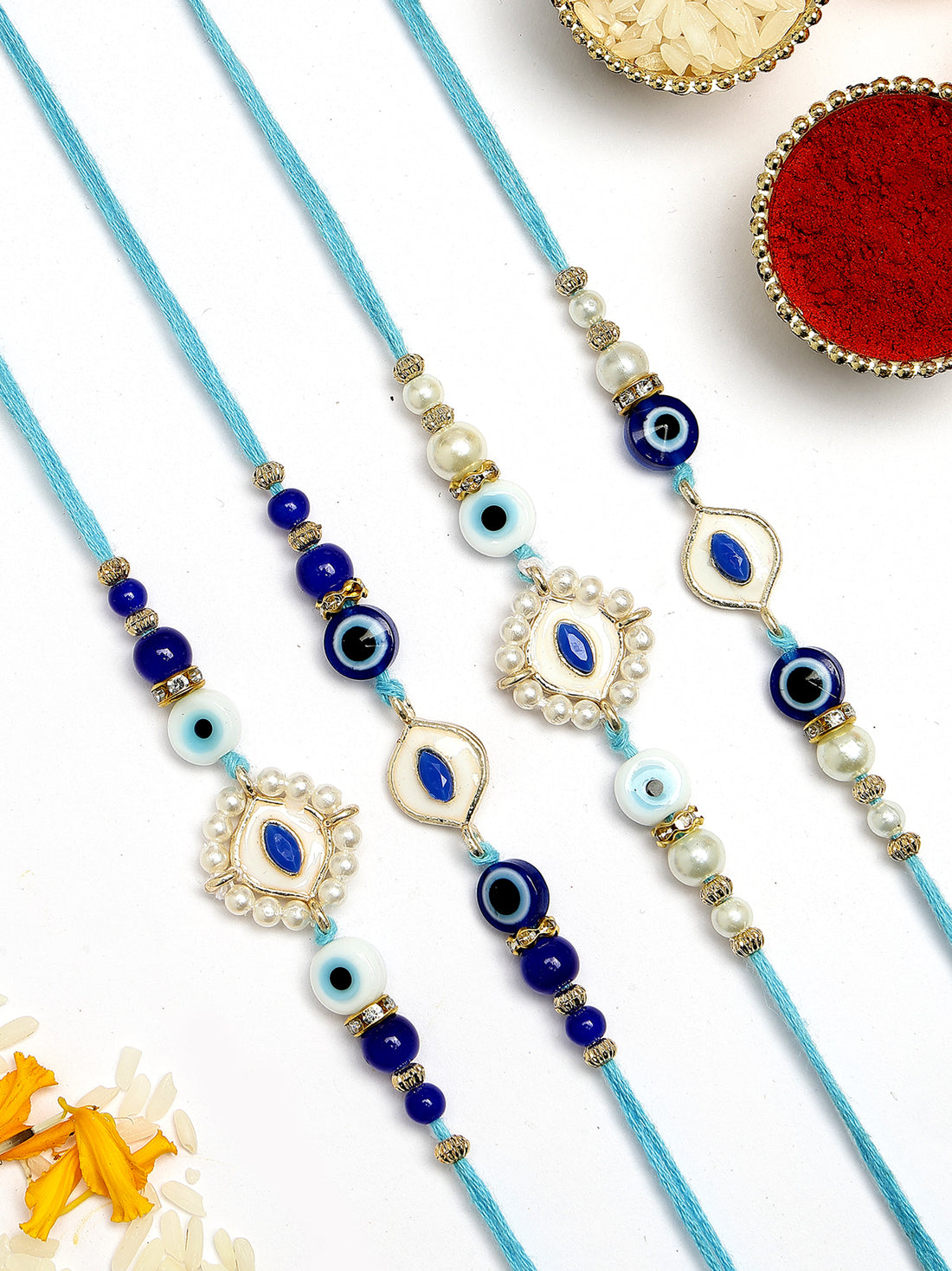 KARATCART Set of 4 Meenakari Handmade Evil Eye Kundan Rakhis for Brother with Roli and Chawal