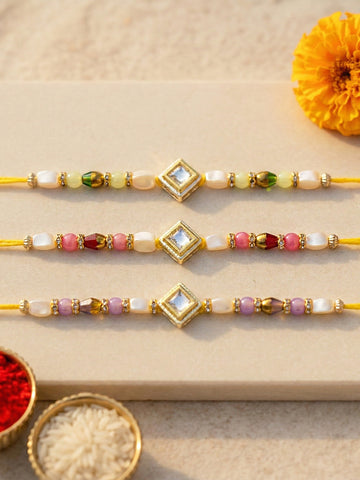 KARATCART Set of 3 Pastel Beads Designer Kundan Rakhi for Brother with Roli & Chawal