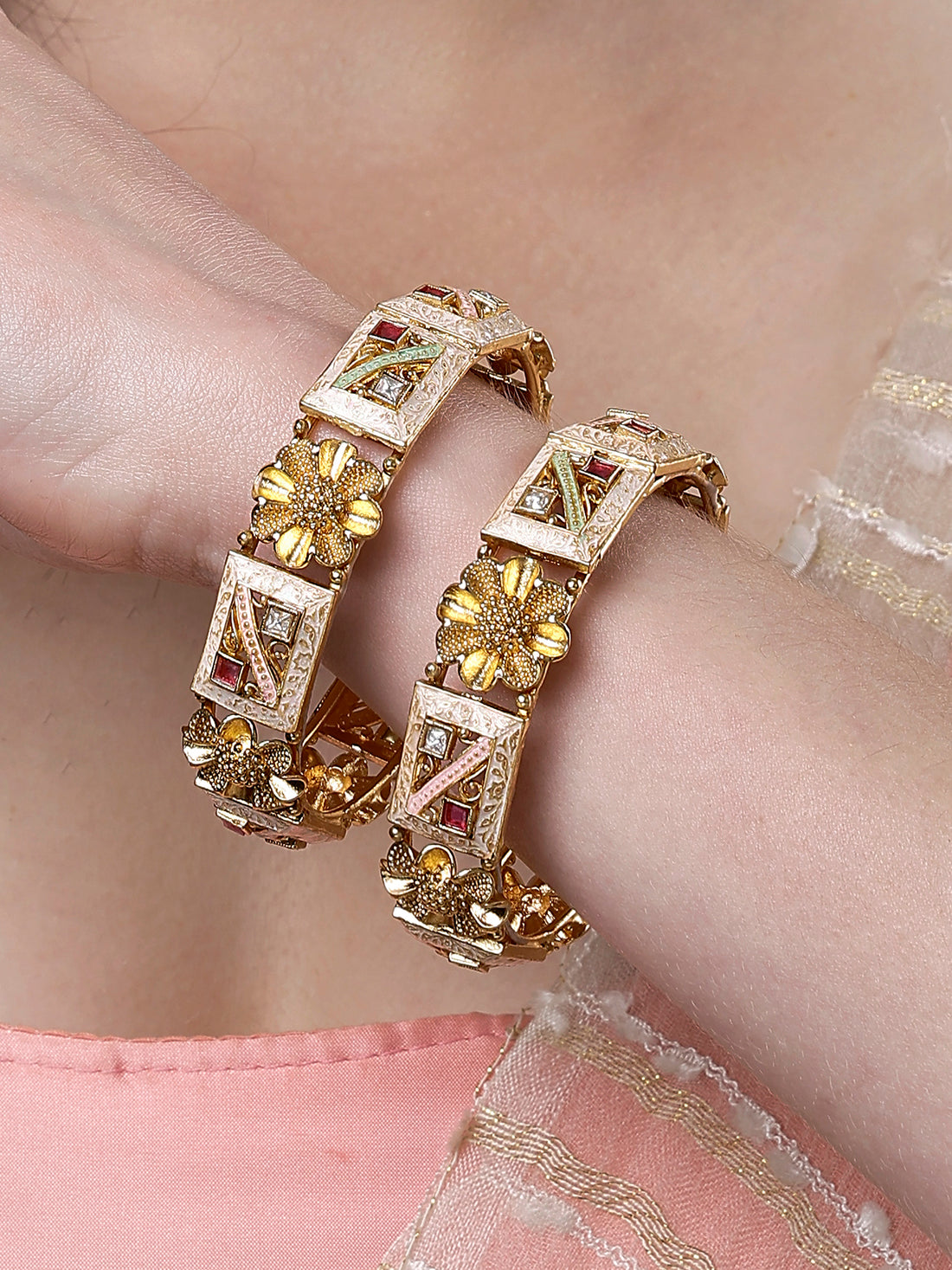 Karatcart Set of 2 Gold Plated Pink Meena Floral Design Bangles for Women
