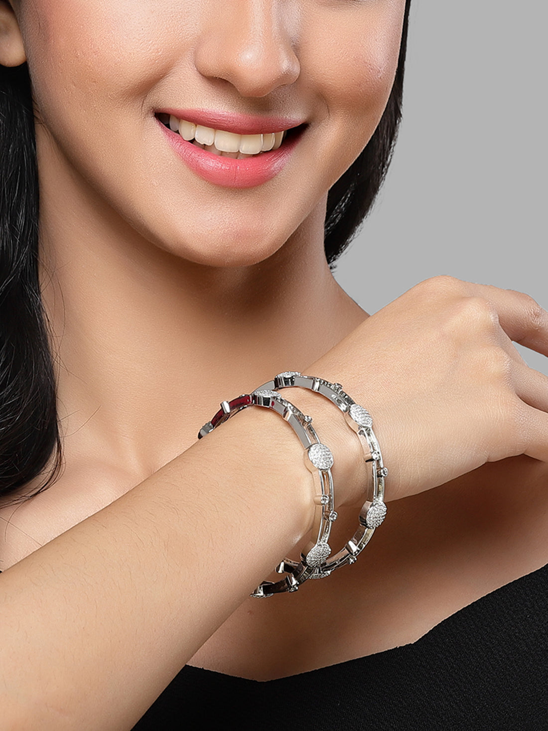 Karatcart Set of 2 Silver-Plated Cubic Zirconia Bangles for Women